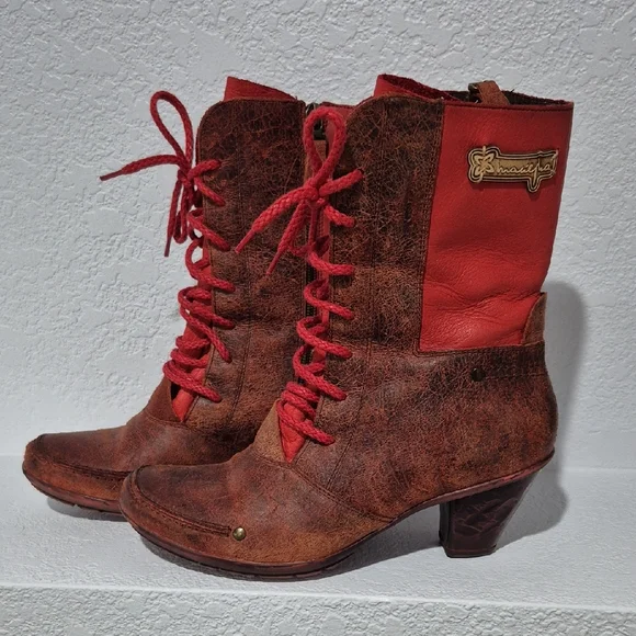 Red and Brown Lace-Up Women's Boots - Picture 1 of 7